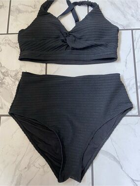 Textured Black Two-Piece High-Waist Swim Set